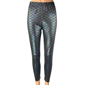 Women's Black Mermaid Scale Print Skinny High Rise Trousers Leggings Pants Sz M